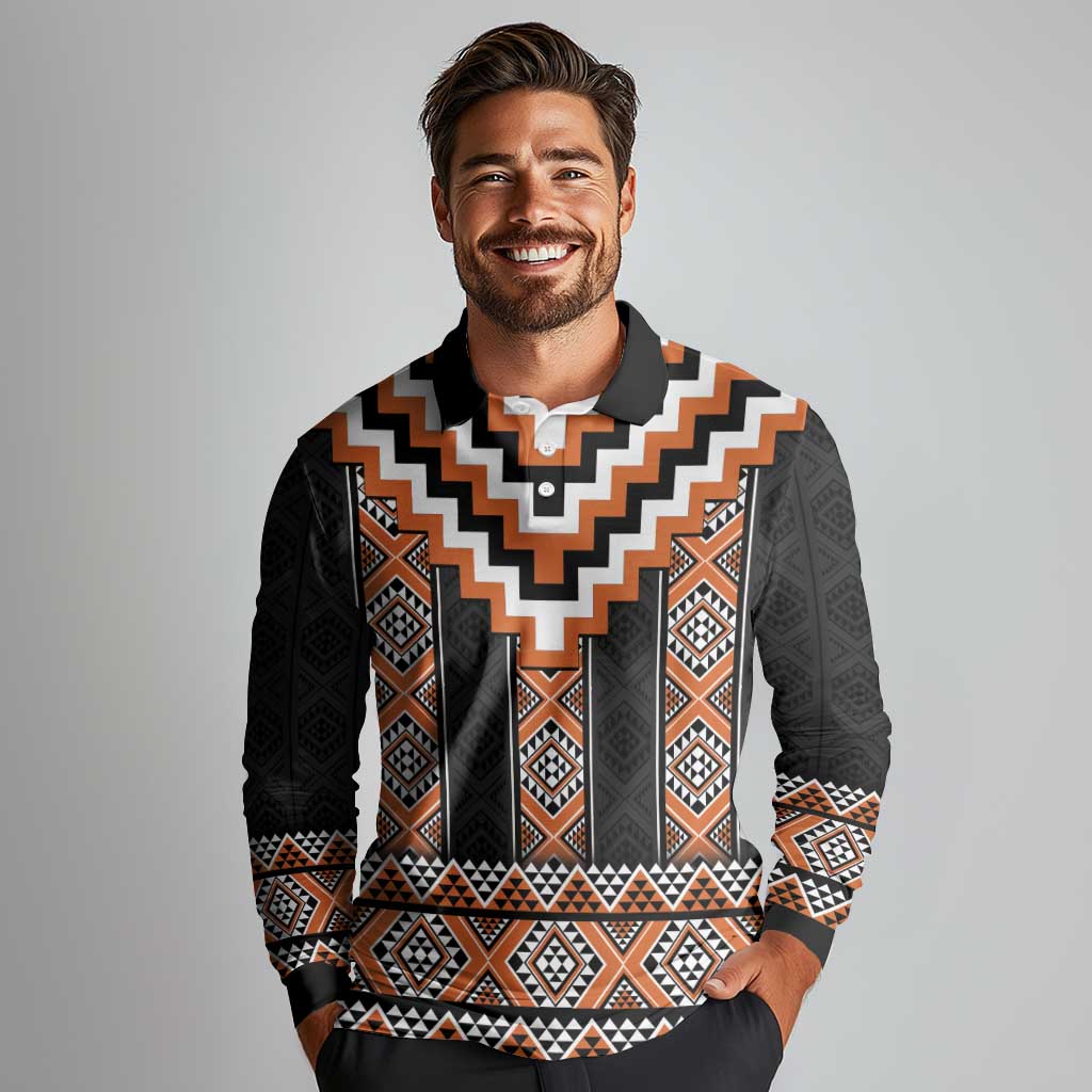 Orange Taniko Pattern Aotearoa Long Sleeve Polo Shirt Niho Taniwha Mix Poutama LT14