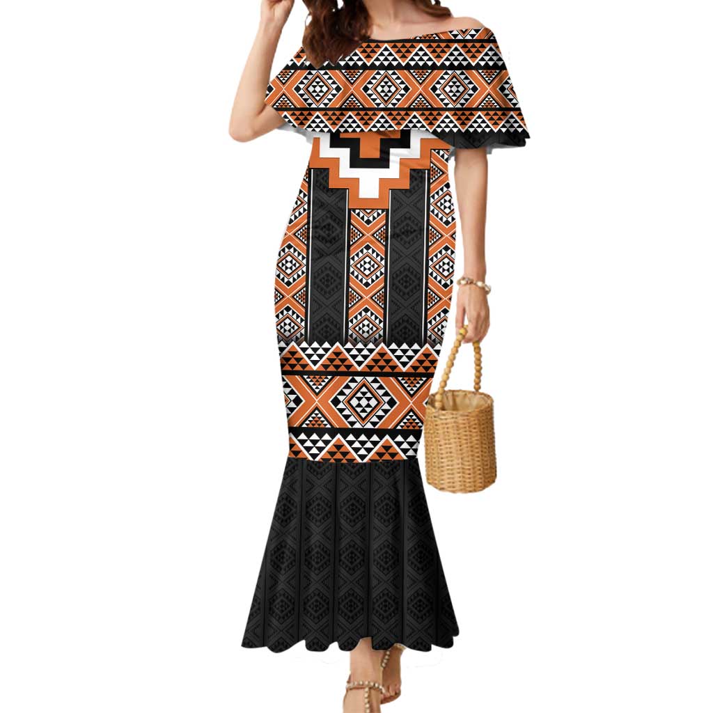 Orange Taniko Pattern Aotearoa Mermaid Dress Niho Taniwha Mix Poutama LT14 Women Orange - Polynesian Pride