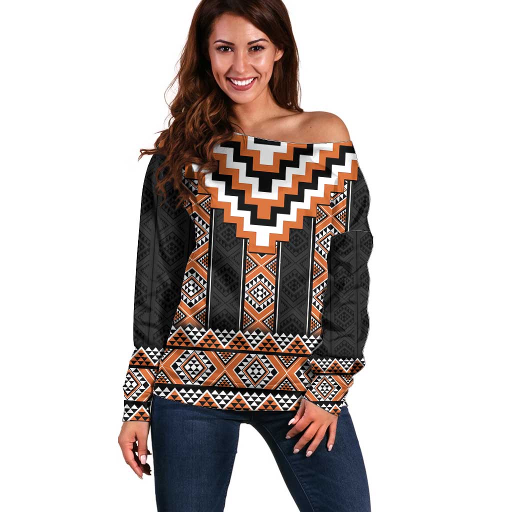 Orange Taniko Pattern Aotearoa Off Shoulder Sweater Niho Taniwha Mix Poutama LT14 Women Orange - Polynesian Pride