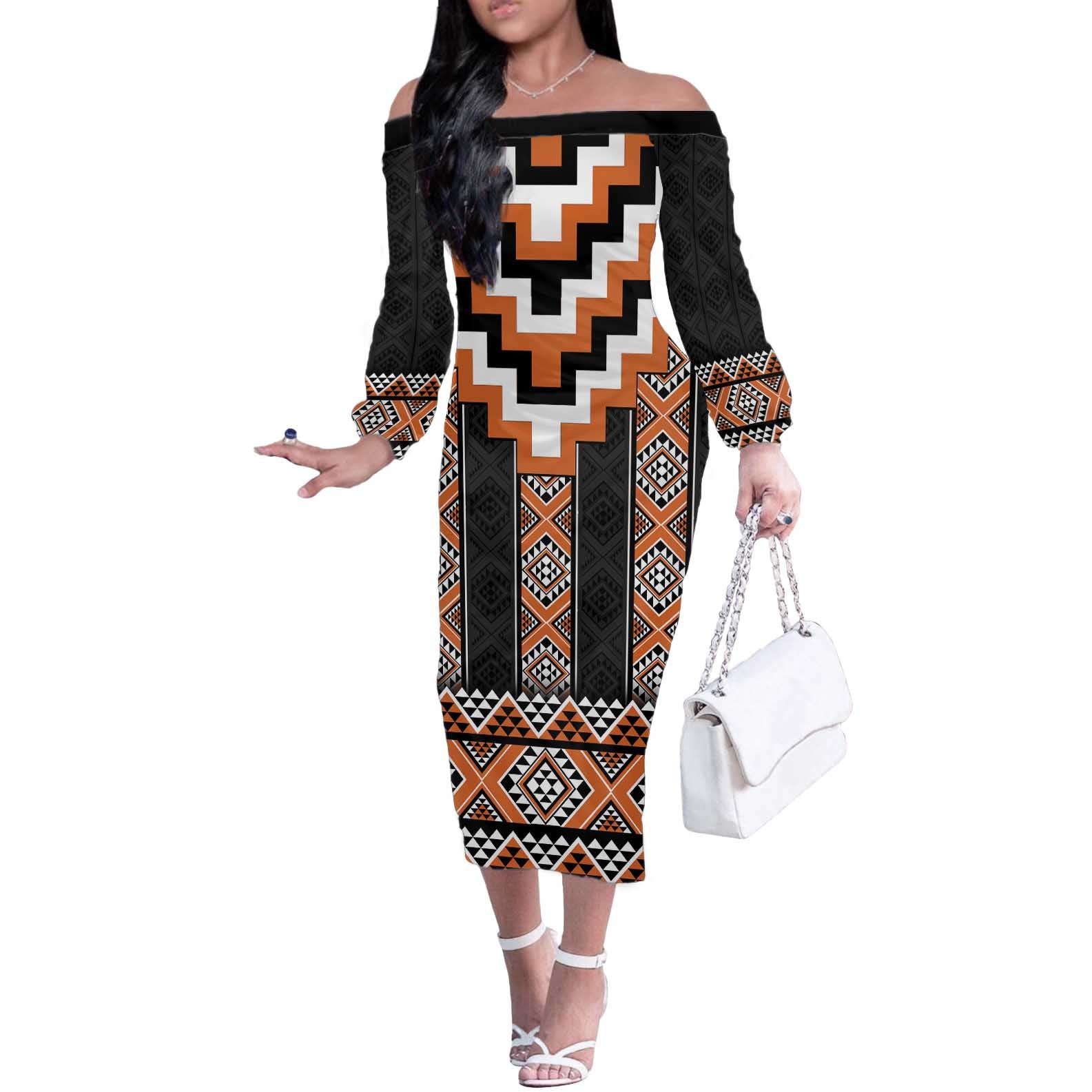 Orange Taniko Pattern Aotearoa Off The Shoulder Long Sleeve Dress Niho Taniwha Mix Poutama LT14 Women Orange - Polynesian Pride
