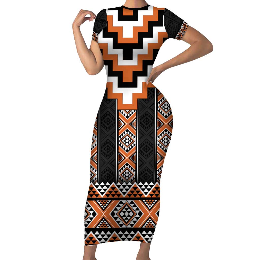 Orange Taniko Pattern Aotearoa Short Sleeve Bodycon Dress Niho Taniwha Mix Poutama LT14 Long Dress Orange - Polynesian Pride