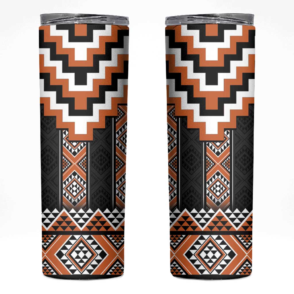 Orange Taniko Pattern Aotearoa Skinny Tumbler Niho Taniwha Mix Poutama LT14 Orange - Polynesian Pride