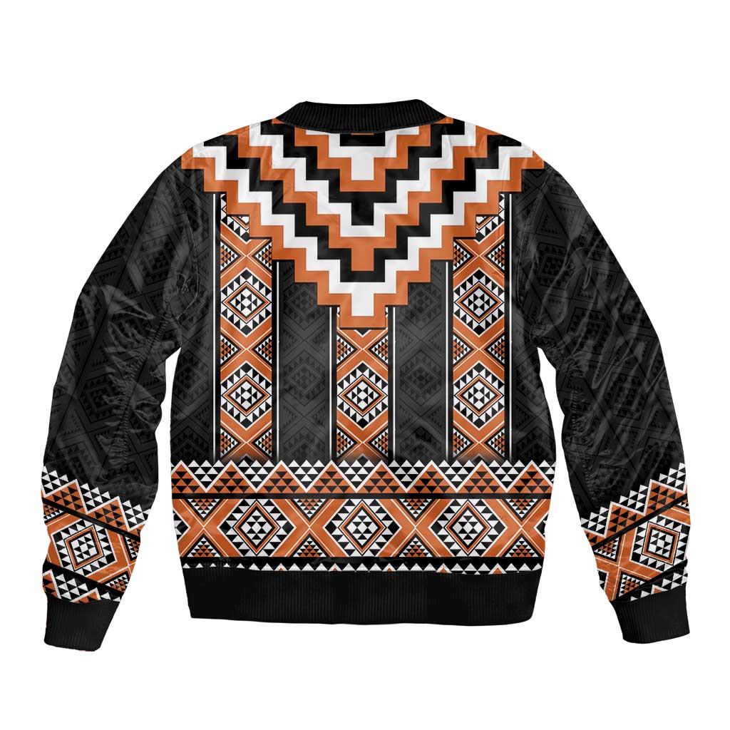 Orange Taniko Pattern Aotearoa Sleeve Zip Bomber Jacket Niho Taniwha Mix Poutama LT14