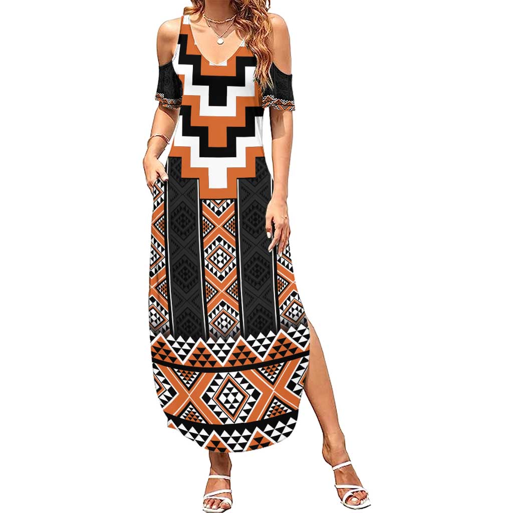Orange Taniko Pattern Aotearoa Summer Maxi Dress Niho Taniwha Mix Poutama LT14 Women Orange - Polynesian Pride