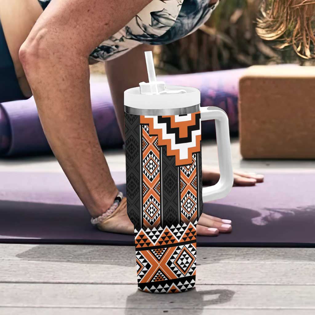 Orange Taniko Pattern Aotearoa Tumbler With Handle Niho Taniwha Mix Poutama LT14