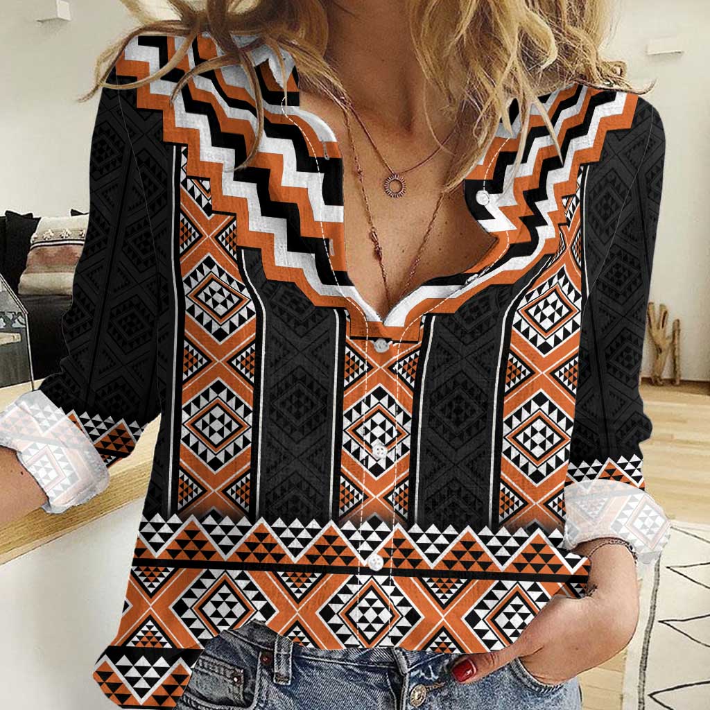 Orange Taniko Pattern Aotearoa Women Casual Shirt Niho Taniwha Mix Poutama LT14 Female Orange - Polynesian Pride