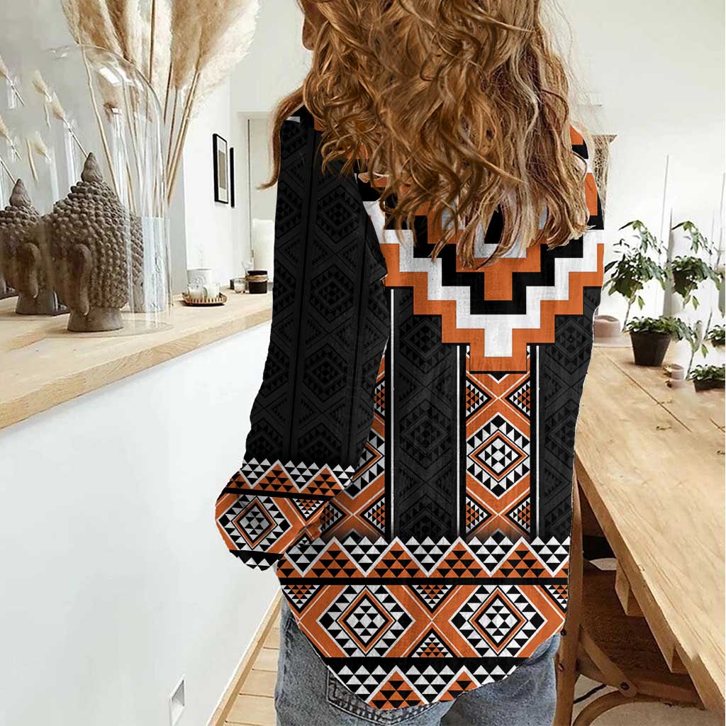 Orange Taniko Pattern Aotearoa Women Casual Shirt Niho Taniwha Mix Poutama LT14