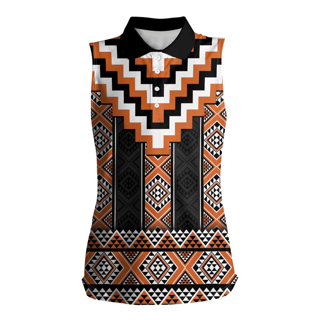 Orange Taniko Pattern Aotearoa Women Sleeveless Polo Shirt Niho Taniwha Mix Poutama LT14