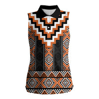 Orange Taniko Pattern Aotearoa Women Sleeveless Polo Shirt Niho Taniwha Mix Poutama LT14