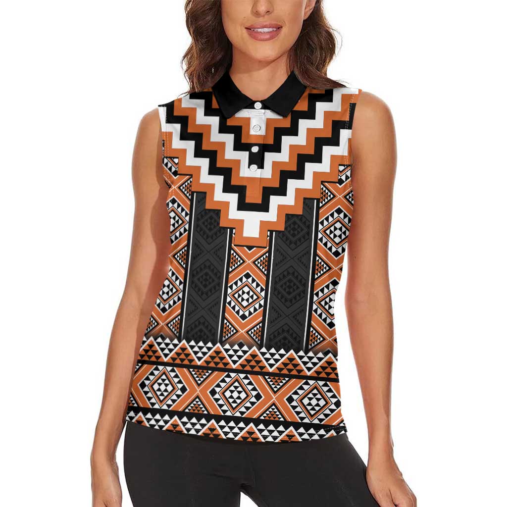 Orange Taniko Pattern Aotearoa Women Sleeveless Polo Shirt Niho Taniwha Mix Poutama LT14