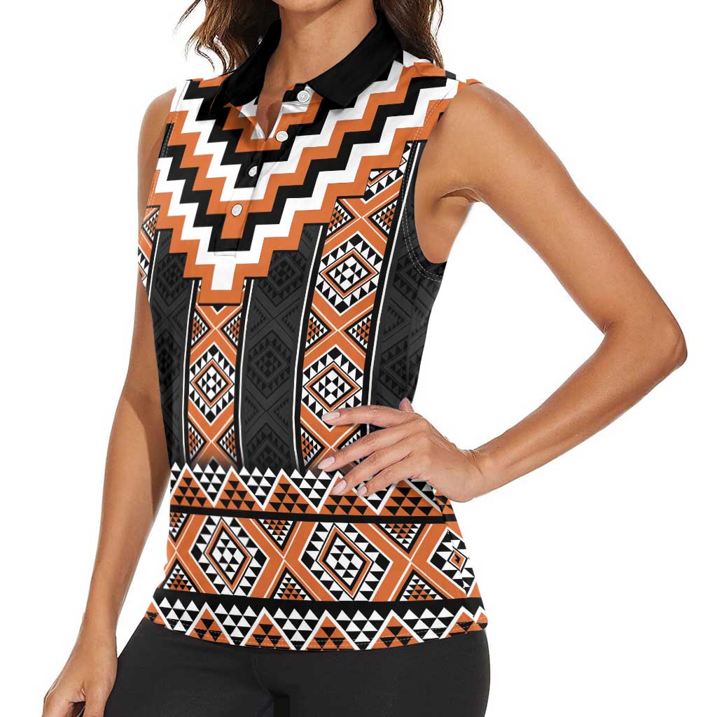 Orange Taniko Pattern Aotearoa Women Sleeveless Polo Shirt Niho Taniwha Mix Poutama LT14