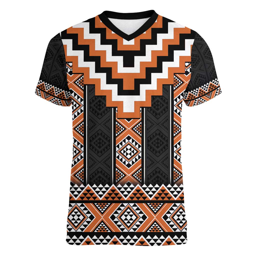 Orange Taniko Pattern Aotearoa Women V-Neck T-Shirt Niho Taniwha Mix Poutama LT14