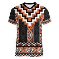 Orange Taniko Pattern Aotearoa Women V-Neck T-Shirt Niho Taniwha Mix Poutama LT14