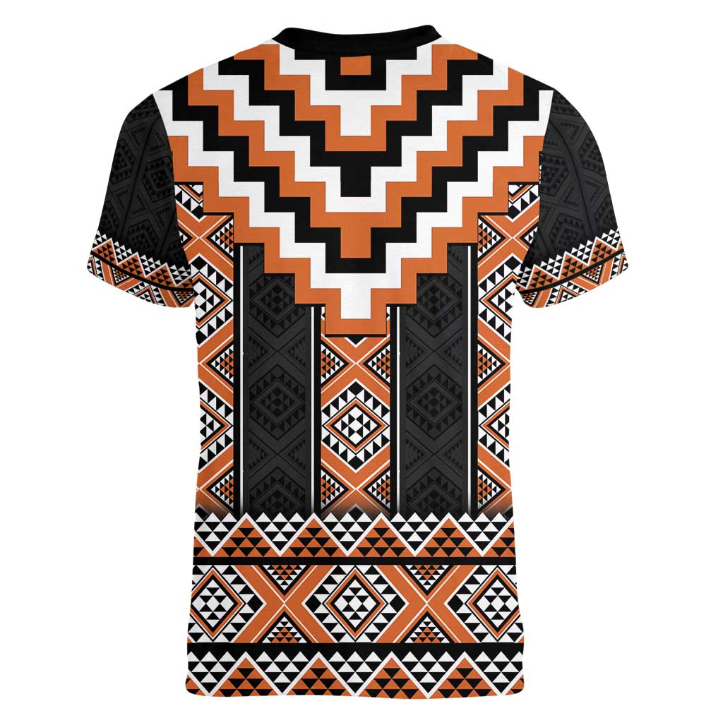Orange Taniko Pattern Aotearoa Women V-Neck T-Shirt Niho Taniwha Mix Poutama LT14