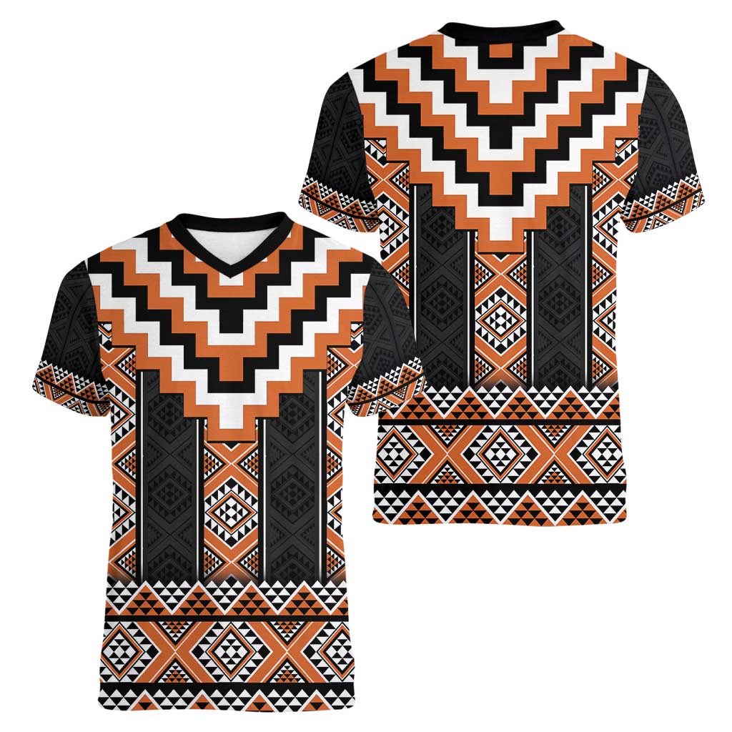 Orange Taniko Pattern Aotearoa Women V-Neck T-Shirt Niho Taniwha Mix Poutama LT14
