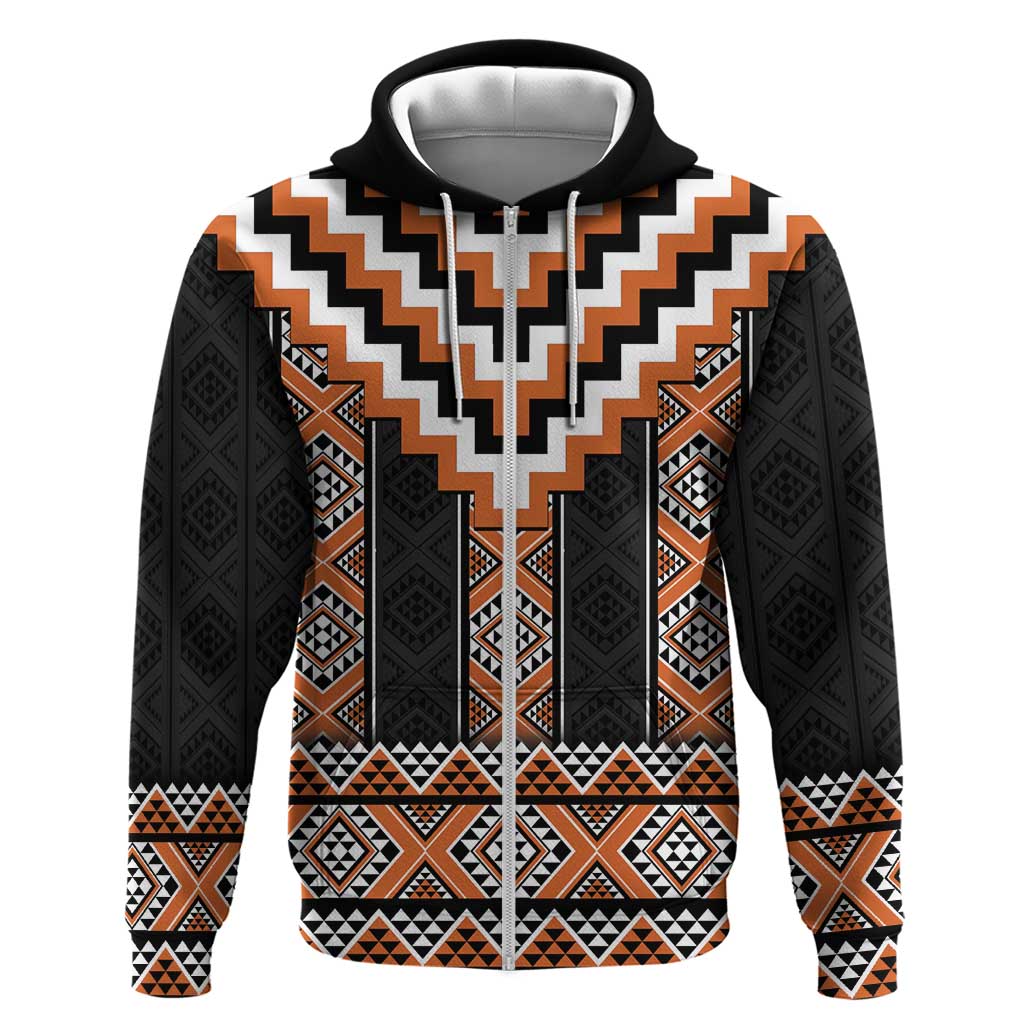 Orange Taniko Pattern Aotearoa Zip Hoodie Niho Taniwha Mix Poutama LT14 Zip Hoodie Orange - Polynesian Pride