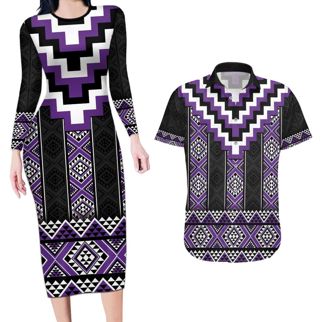 Purple Taniko Pattern Aotearoa Couples Matching Long Sleeve Bodycon Dress and Hawaiian Shirt Niho Taniwha Mix Poutama LT14 Purple - Polynesian Pride
