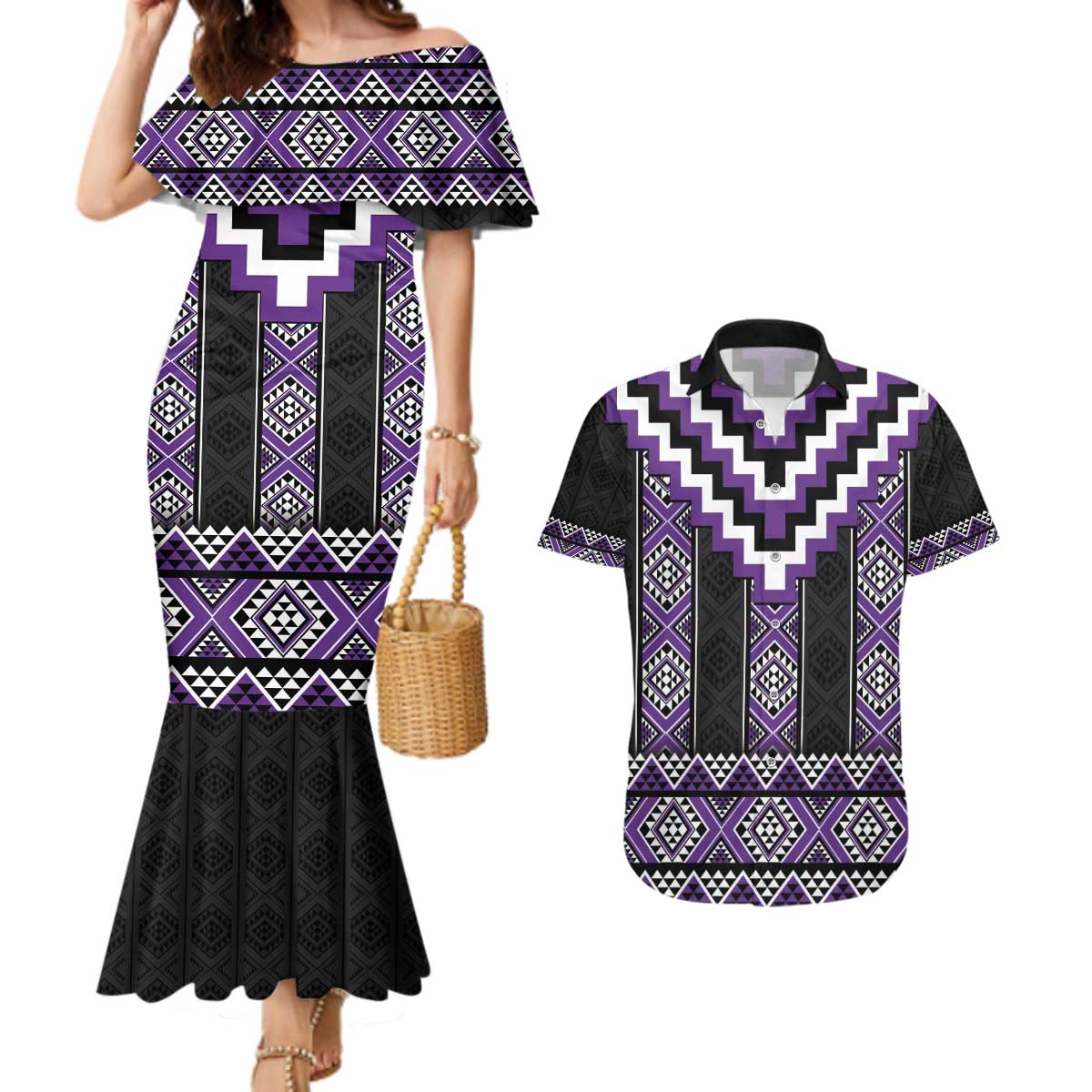 Purple Taniko Pattern Aotearoa Couples Matching Mermaid Dress and Hawaiian Shirt Niho Taniwha Mix Poutama LT14 Purple - Polynesian Pride
