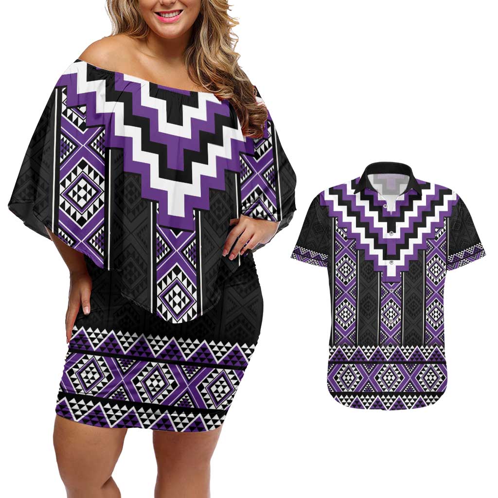 Purple Taniko Pattern Aotearoa Couples Matching Off Shoulder Short Dress and Hawaiian Shirt Niho Taniwha Mix Poutama LT14 Purple - Polynesian Pride