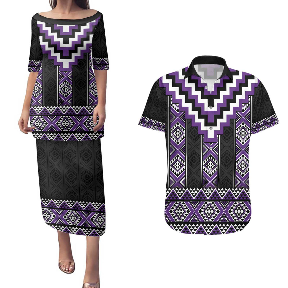 Purple Taniko Pattern Aotearoa Couples Matching Puletasi and Hawaiian Shirt Niho Taniwha Mix Poutama LT14