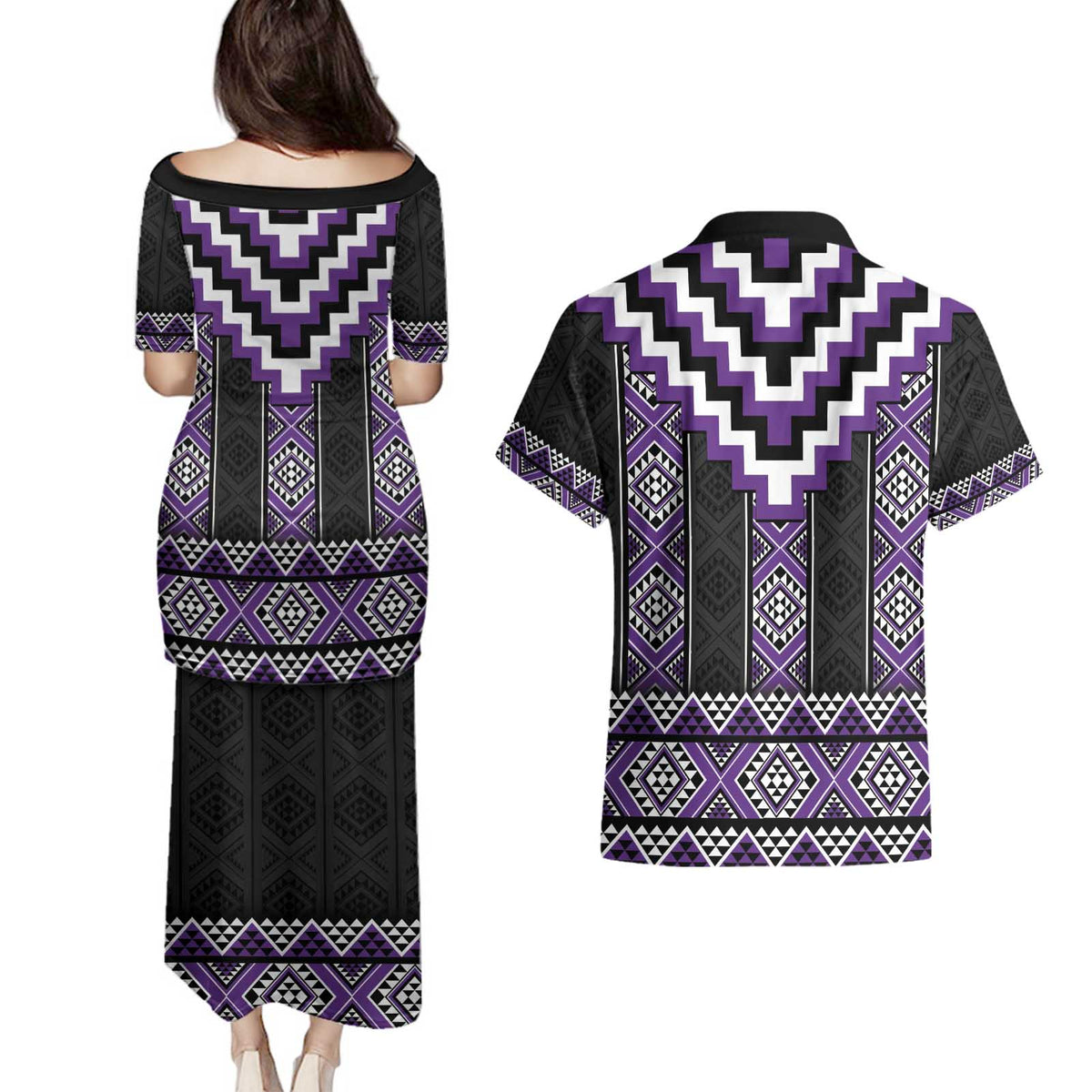 Purple Taniko Pattern Aotearoa Couples Matching Puletasi and Hawaiian Shirt Niho Taniwha Mix Poutama LT14