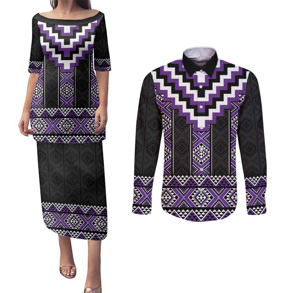 Purple Taniko Pattern Aotearoa Couples Matching Puletasi and Long Sleeve Button Shirt Niho Taniwha Mix Poutama LT14
