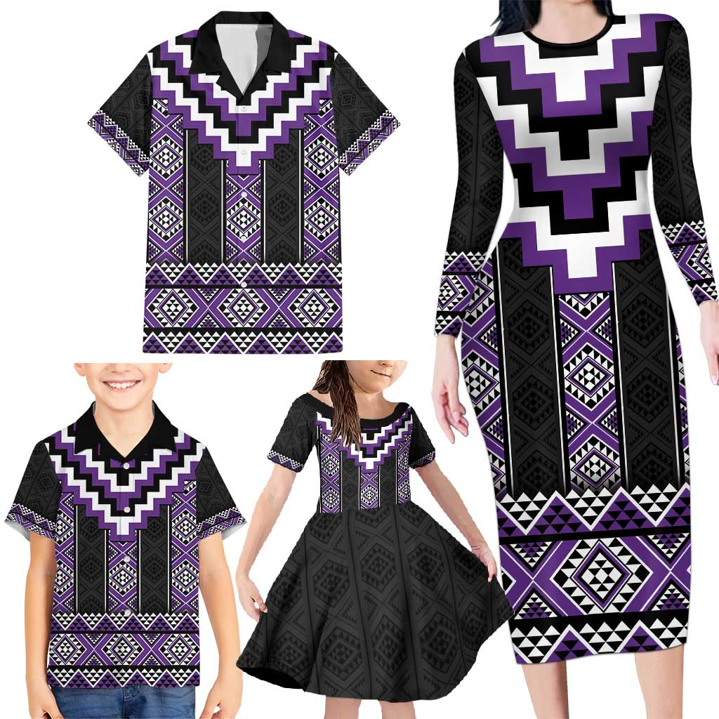 Purple Taniko Pattern Aotearoa Family Matching Long Sleeve Bodycon Dress and Hawaiian Shirt Niho Taniwha Mix Poutama LT14 - Polynesian Pride