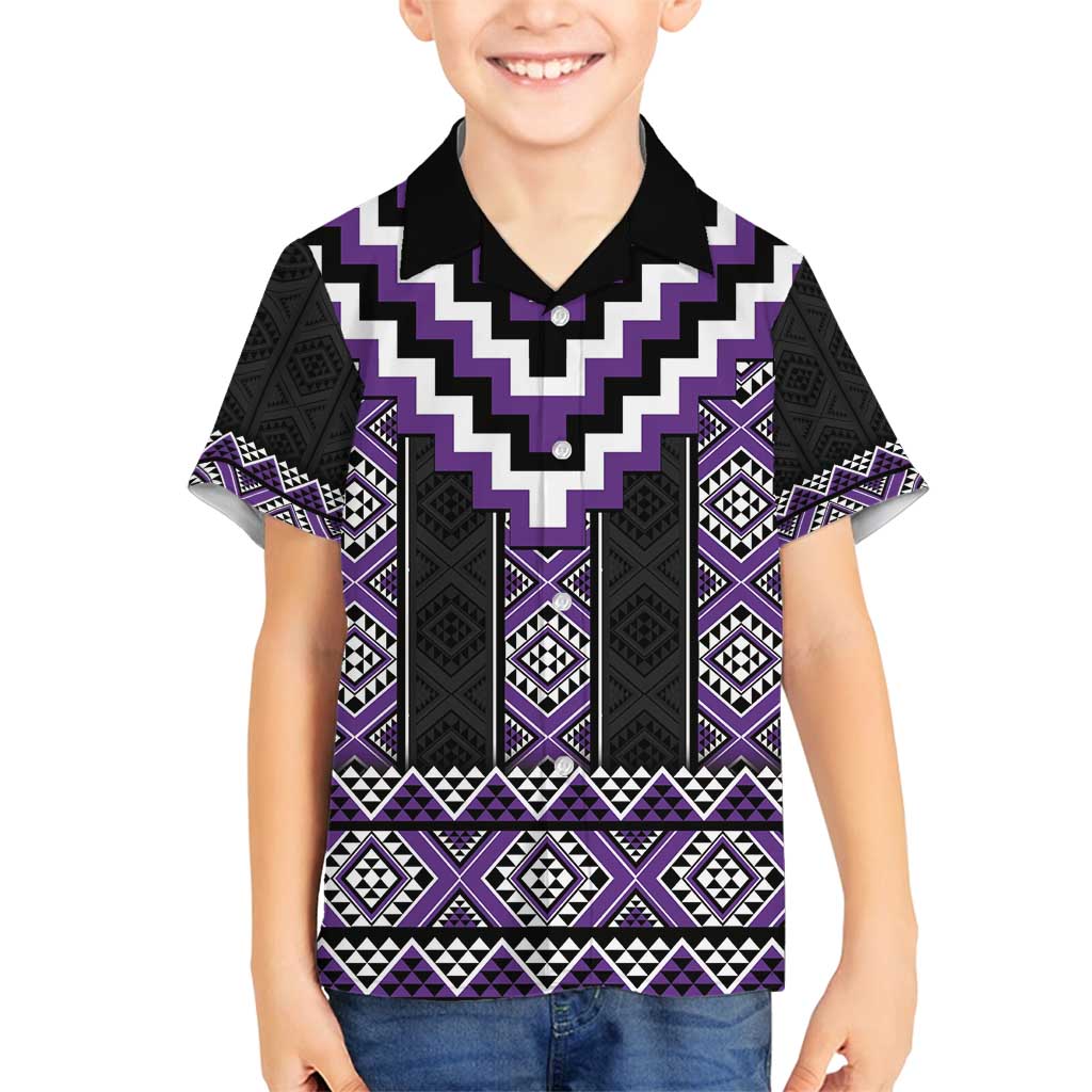 Purple Taniko Pattern Aotearoa Family Matching Long Sleeve Bodycon Dress and Hawaiian Shirt Niho Taniwha Mix Poutama LT14 Son's Shirt Purple - Polynesian Pride