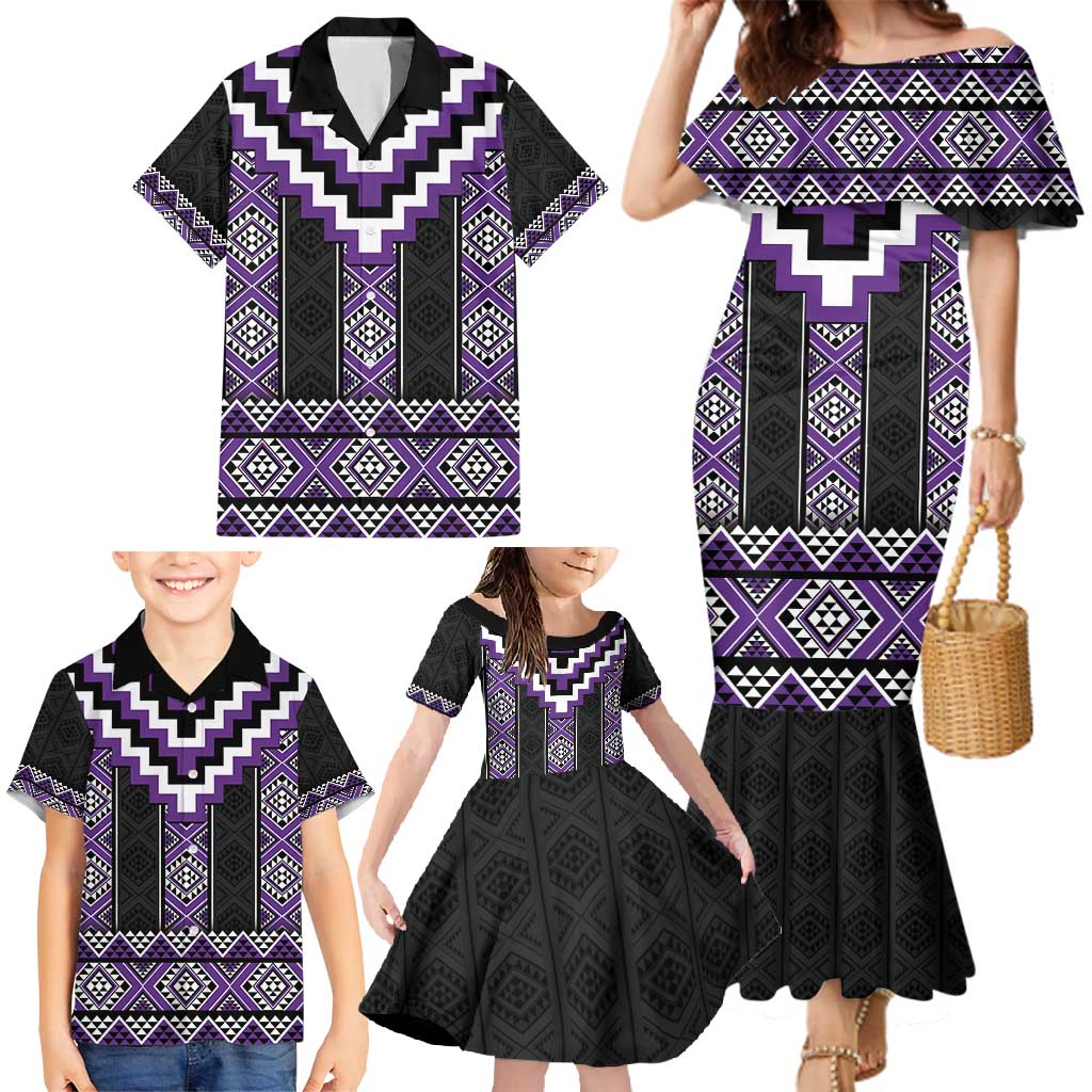 Purple Taniko Pattern Aotearoa Family Matching Mermaid Dress and Hawaiian Shirt Niho Taniwha Mix Poutama LT14 - Polynesian Pride