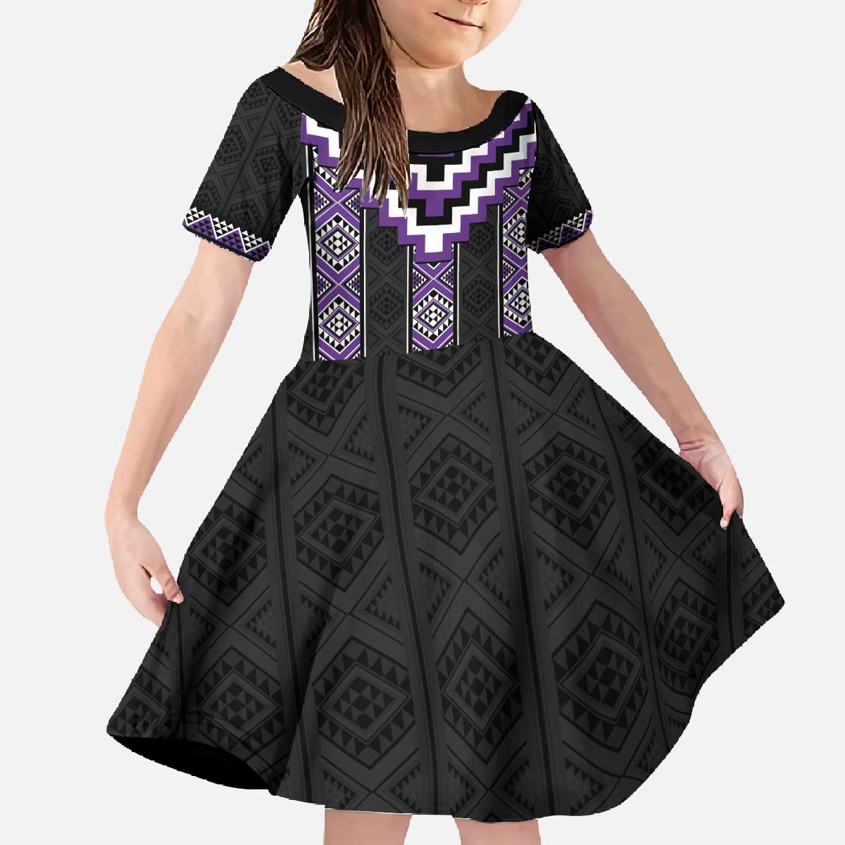 Purple Taniko Pattern Aotearoa Family Matching Off The Shoulder Long Sleeve Dress and Hawaiian Shirt Niho Taniwha Mix Poutama LT14 Daughter's Dress Purple - Polynesian Pride