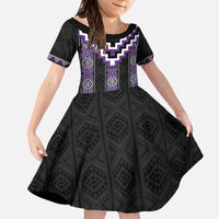 Purple Taniko Pattern Aotearoa Family Matching Off The Shoulder Long Sleeve Dress and Hawaiian Shirt Niho Taniwha Mix Poutama LT14 Daughter's Dress Purple - Polynesian Pride