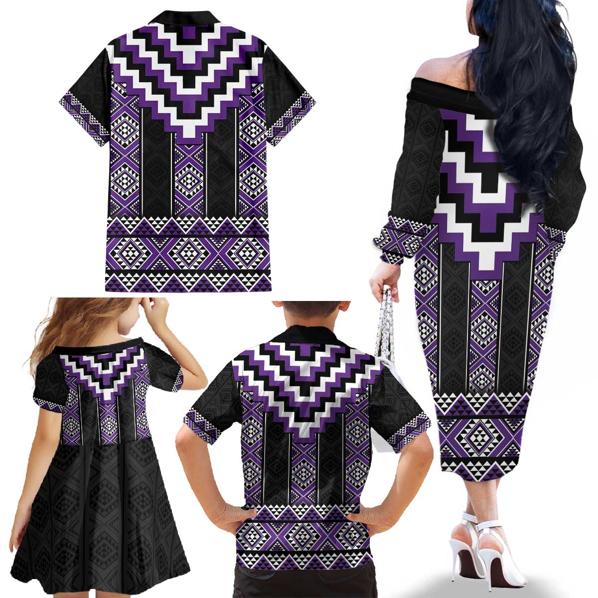 Purple Taniko Pattern Aotearoa Family Matching Off The Shoulder Long Sleeve Dress and Hawaiian Shirt Niho Taniwha Mix Poutama LT14 - Polynesian Pride
