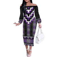 Purple Taniko Pattern Aotearoa Family Matching Off The Shoulder Long Sleeve Dress and Hawaiian Shirt Niho Taniwha Mix Poutama LT14 Mom's Dress Purple - Polynesian Pride