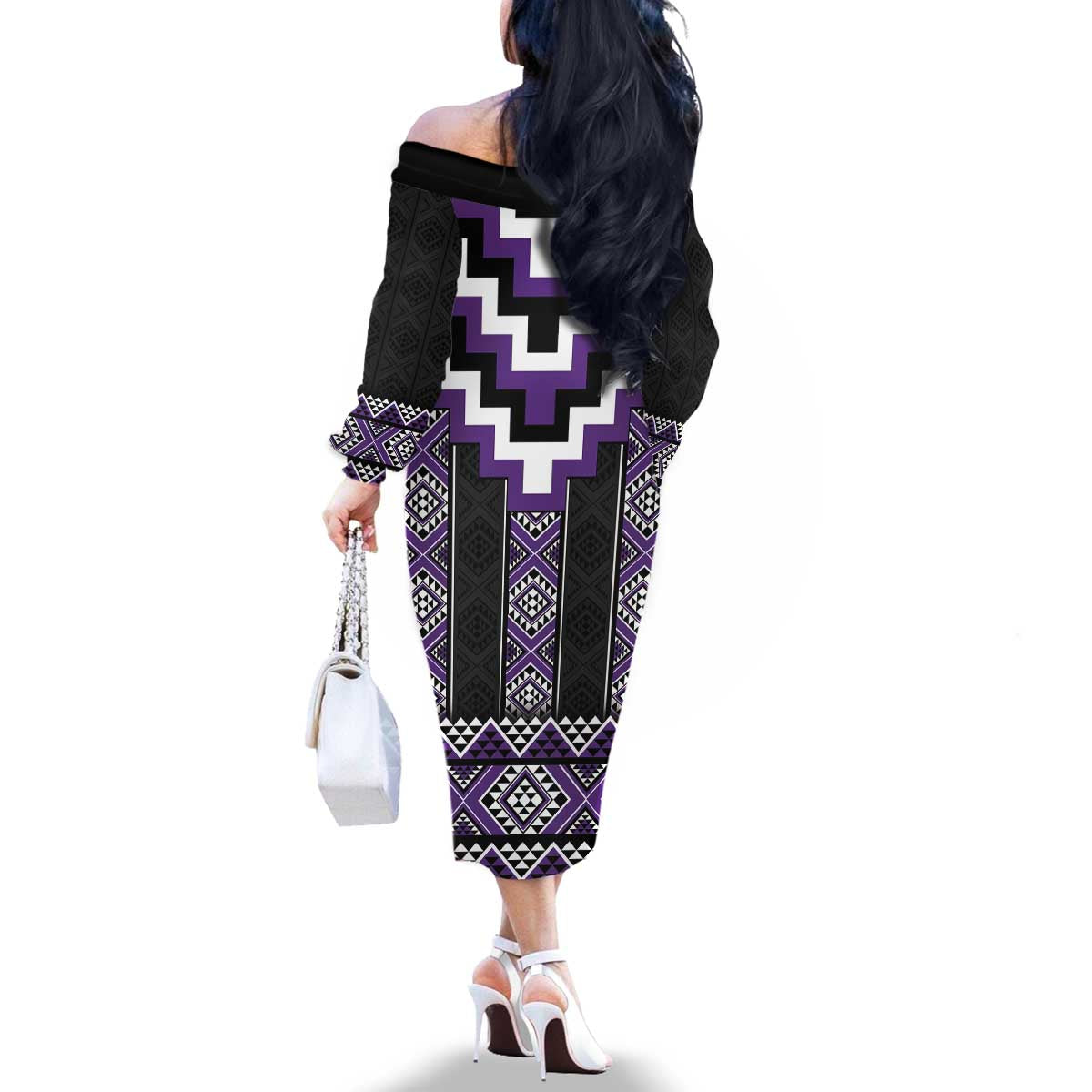 Purple Taniko Pattern Aotearoa Family Matching Off The Shoulder Long Sleeve Dress and Hawaiian Shirt Niho Taniwha Mix Poutama LT14 - Polynesian Pride
