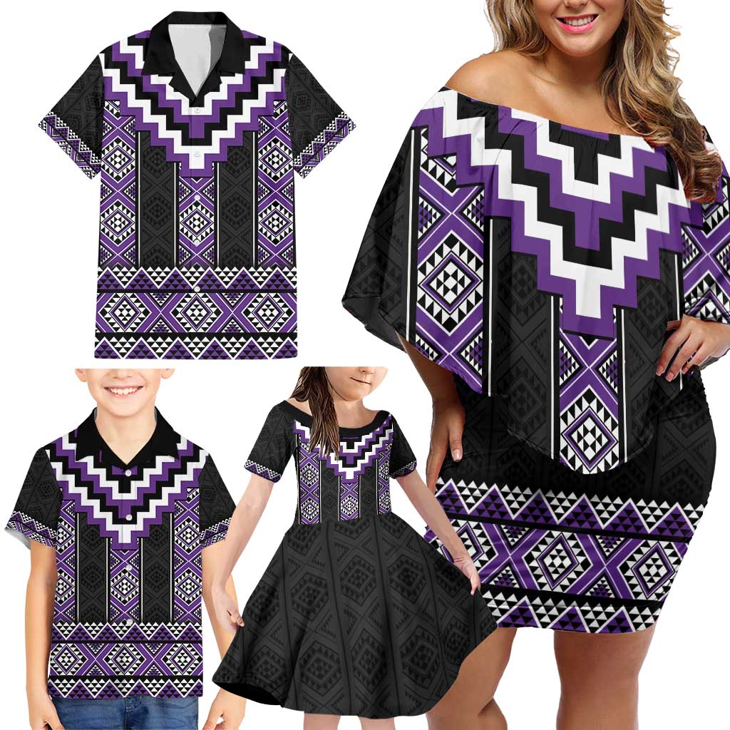 Purple Taniko Pattern Aotearoa Family Matching Off Shoulder Short Dress and Hawaiian Shirt Niho Taniwha Mix Poutama LT14 - Polynesian Pride