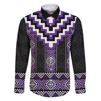 Purple Taniko Pattern Aotearoa Family Matching Off Shoulder Short Dress and Hawaiian Shirt Niho Taniwha Mix Poutama LT14