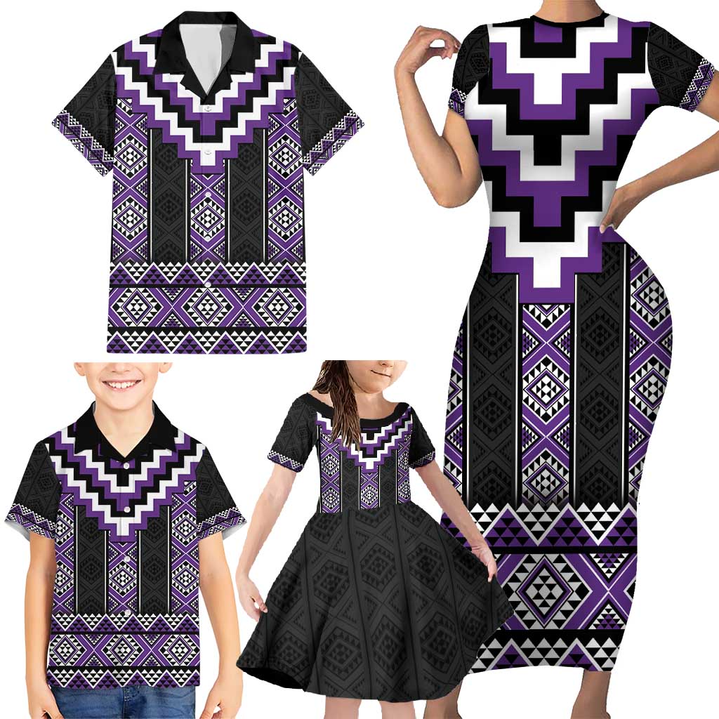 Purple Taniko Pattern Aotearoa Family Matching Short Sleeve Bodycon Dress and Hawaiian Shirt Niho Taniwha Mix Poutama LT14 - Polynesian Pride