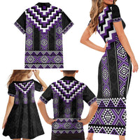 Purple Taniko Pattern Aotearoa Family Matching Short Sleeve Bodycon Dress and Hawaiian Shirt Niho Taniwha Mix Poutama LT14 - Polynesian Pride