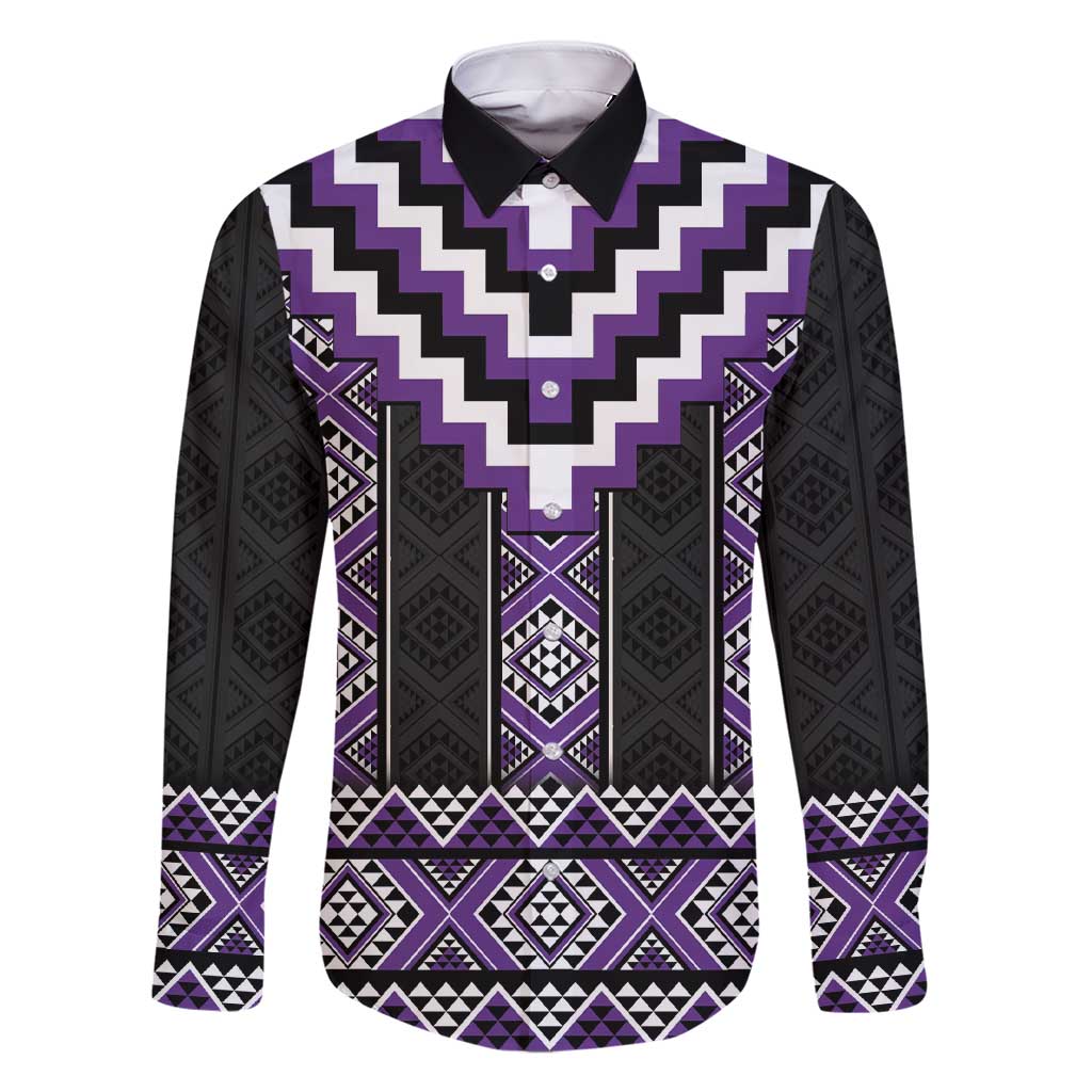 Purple Taniko Pattern Aotearoa Family Matching Short Sleeve Bodycon Dress and Hawaiian Shirt Niho Taniwha Mix Poutama LT14 Dad's Shirt - Long Sleeve Purple - Polynesian Pride