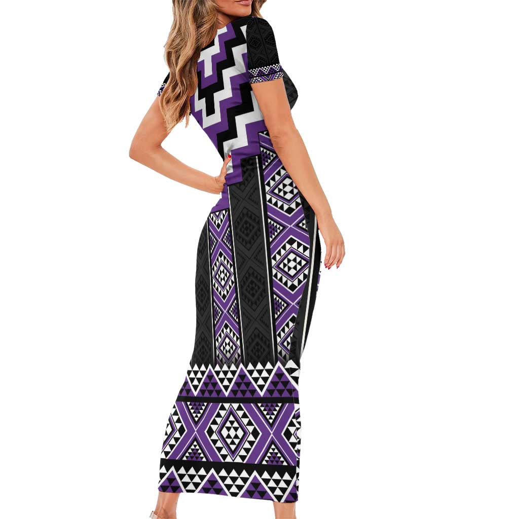 Purple Taniko Pattern Aotearoa Family Matching Short Sleeve Bodycon Dress and Hawaiian Shirt Niho Taniwha Mix Poutama LT14 - Polynesian Pride