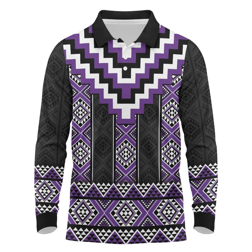 Purple Taniko Pattern Aotearoa Long Sleeve Polo Shirt Niho Taniwha Mix Poutama LT14