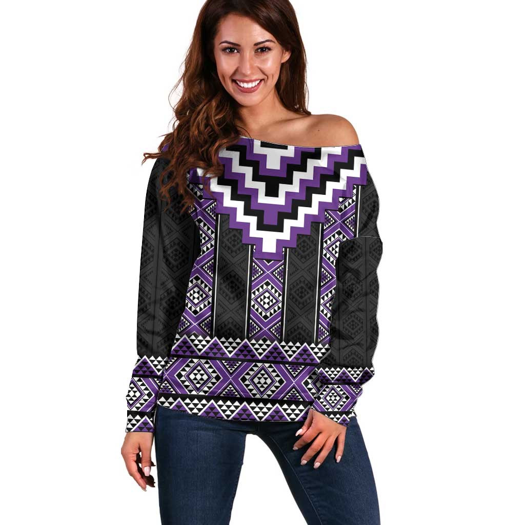 Purple Taniko Pattern Aotearoa Off Shoulder Sweater Niho Taniwha Mix Poutama LT14 Women Purple - Polynesian Pride