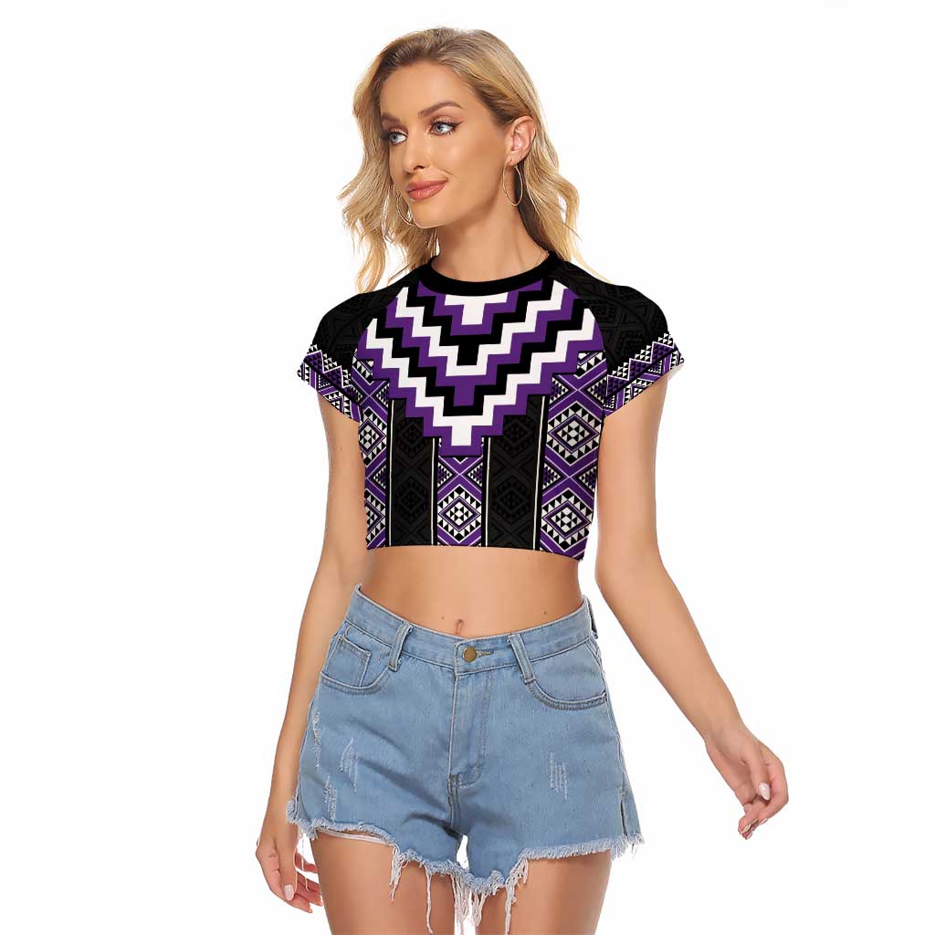 Purple Taniko Pattern Aotearoa Raglan Cropped T Shirt Niho Taniwha Mix Poutama LT14