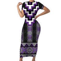 Purple Taniko Pattern Aotearoa Short Sleeve Bodycon Dress Niho Taniwha Mix Poutama LT14