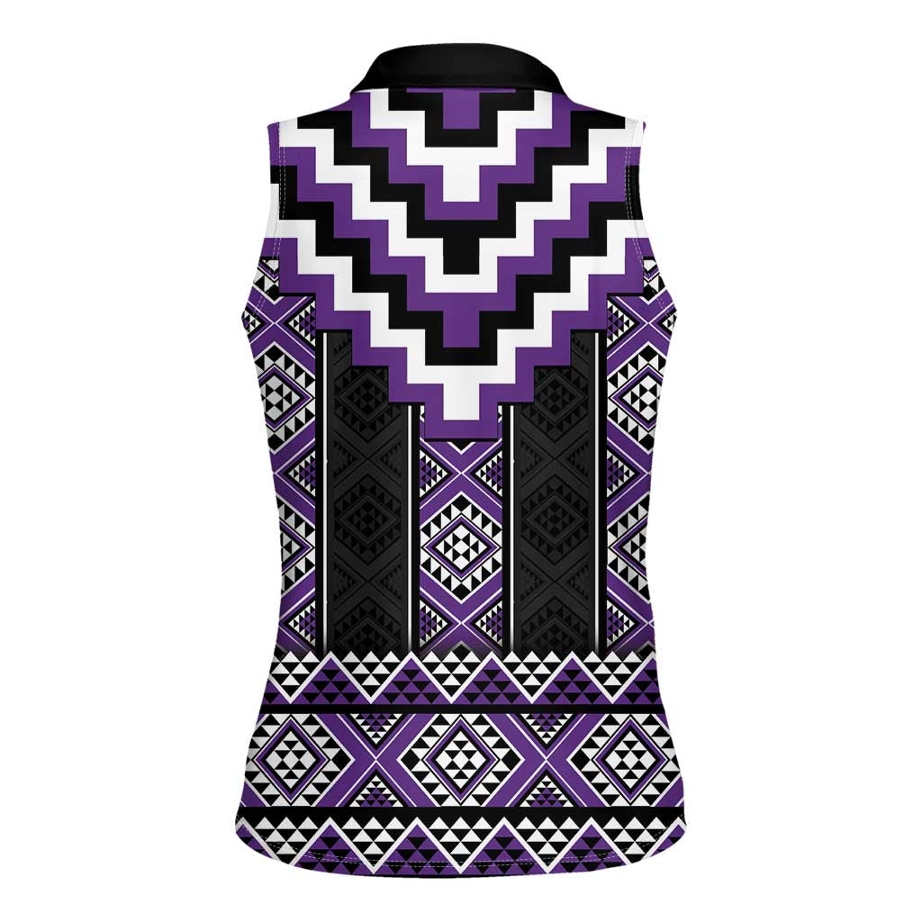 Purple Taniko Pattern Aotearoa Women Sleeveless Polo Shirt Niho Taniwha Mix Poutama LT14