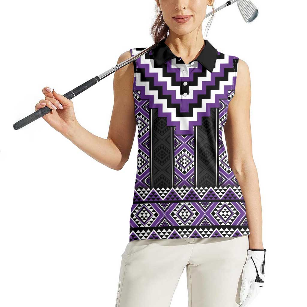 Purple Taniko Pattern Aotearoa Women Sleeveless Polo Shirt Niho Taniwha Mix Poutama LT14
