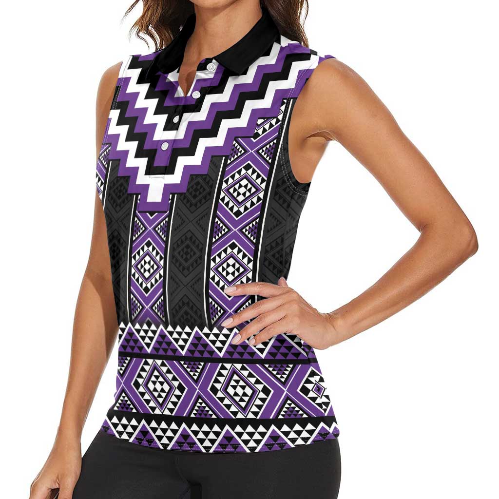Purple Taniko Pattern Aotearoa Women Sleeveless Polo Shirt Niho Taniwha Mix Poutama LT14