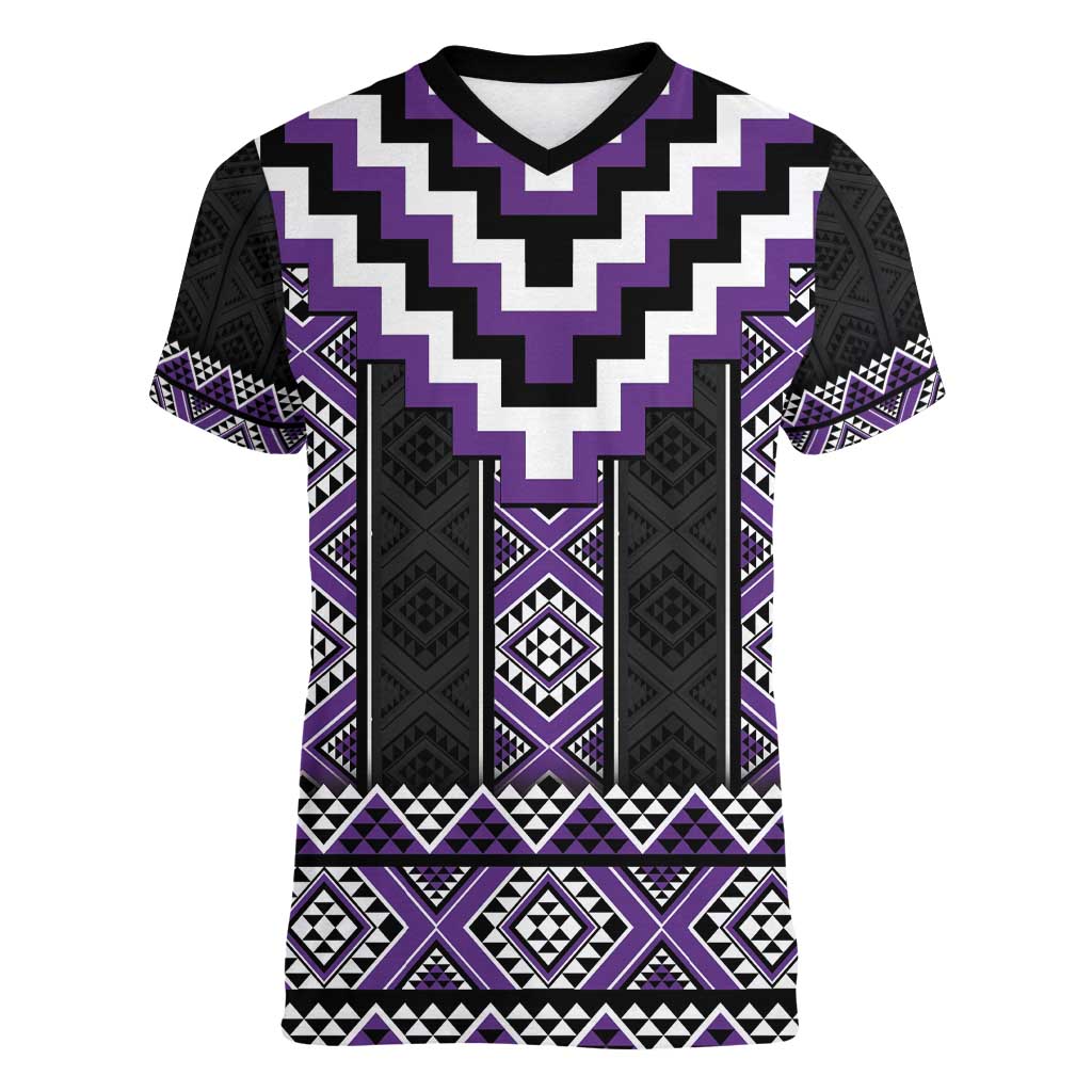 Purple Taniko Pattern Aotearoa Women V-Neck T-Shirt Niho Taniwha Mix Poutama LT14