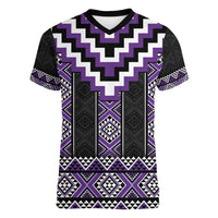 Purple Taniko Pattern Aotearoa Women V-Neck T-Shirt Niho Taniwha Mix Poutama LT14