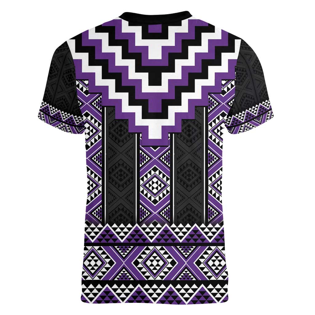 Purple Taniko Pattern Aotearoa Women V-Neck T-Shirt Niho Taniwha Mix Poutama LT14